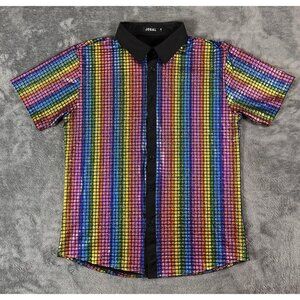 Jogal Shirt Mens Size Medium Shiny Metallic Rainbow Disco Button Up Short Sleeve